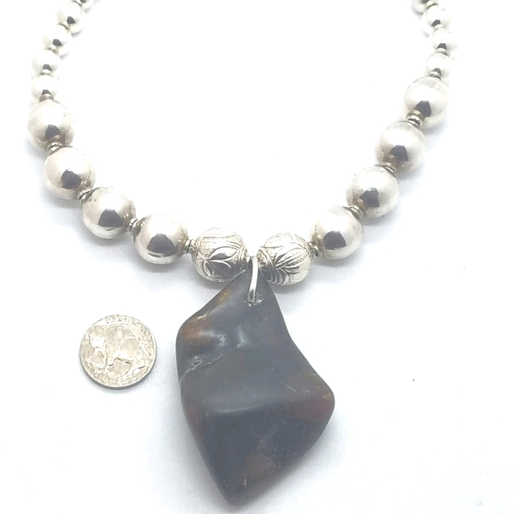 VNTG OLD PAWN AMBER & STERLING NECKLACE